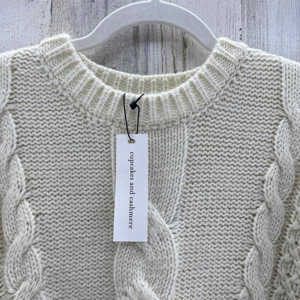 Cupcakes and Cashmere Boho Cozy Sweater Large Cream Cable Knit Fringe Wool Blend - Picture 7 of 10